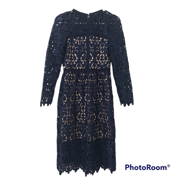 NWOT Zara Navy Blue Lace Guipure Embroidered Dress - Picture 6 of 8